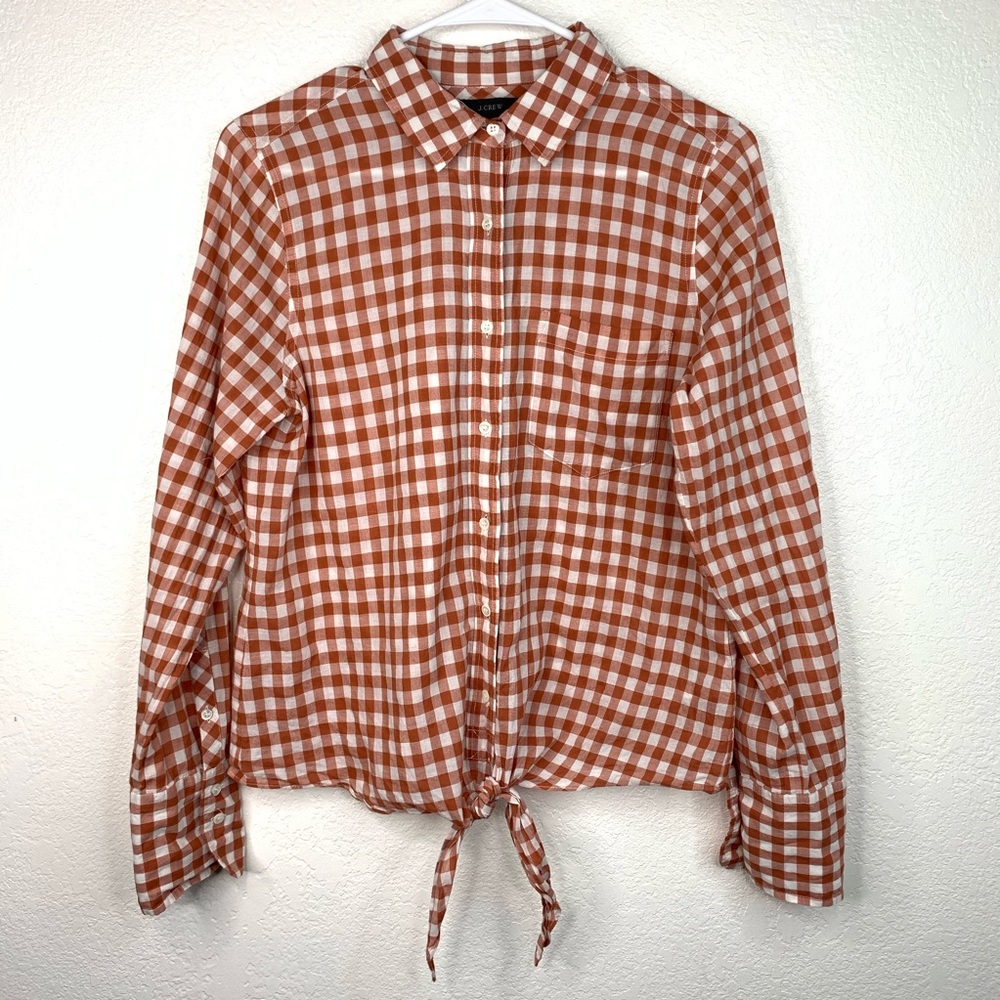 J. Crew brown plaid tie front shirt